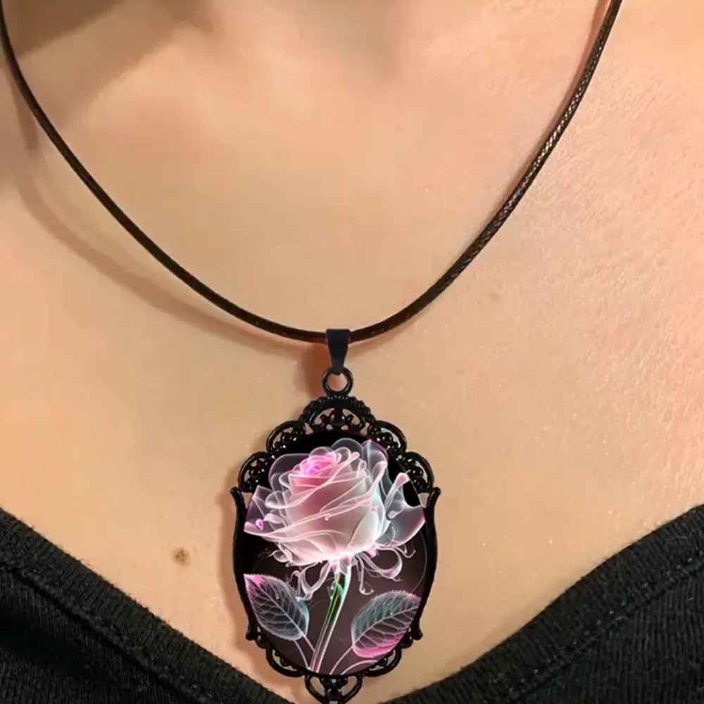 Watercolour Pink Rose pendant necklace. New. - Picture 5 of 10
